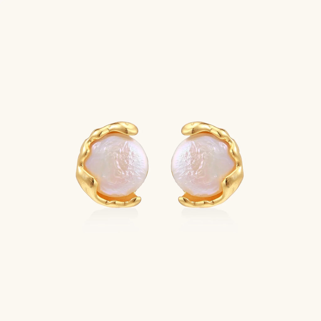 Gold vermeil studs with lustrous pink freshwater pearls in organic crescent settings