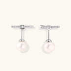 Rhodium-plated sterling silver ear jacket earrings with diamond-set horizontal bar and freshwater pearl drop