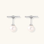 Rhodium-plated sterling silver ear jacket earrings with diamond-set horizontal bar and freshwater pearl drop
