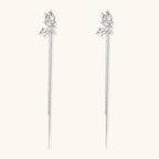 Silver-toned threader earrings featuring detailed fairy figure with wings and dual delicate chain strands, zirconia accents