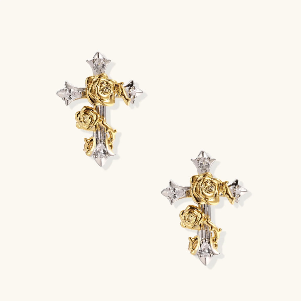 Two-tone cross earrings with gold roses and clear crystals on silver base, gothic romantic style