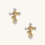 Two-tone cross earrings with gold roses and clear crystals on silver base, gothic romantic style