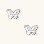 Silver butterfly stud earrings with marquise center stone and pavé crystal border on white background