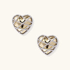 Heart-shaped stud earrings with intricate lattice design in 18K gold plated brass and silver-tone metal.