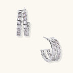 White gold-plated hoop earrings with double row of baguette-cut zirconia stones in geometric ladder design