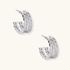 White gold-plated hoop earrings with double row of baguette-cut zirconia stones in geometric ladder design