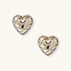 Heart-shaped stud earrings with intricate lattice design in 18K gold plated brass and silver-tone metal.