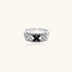 White gold plated adjustable ring with three rows of square zirconia stones in black or pink chevron pattern