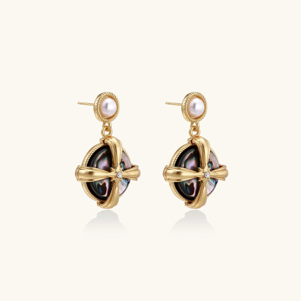 Gold-plated drop earrings with iridescent abalone shell and pearl studs in geometric cross design