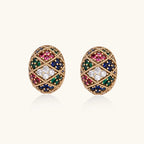Oval gold-plated stud earrings with multicolor zirconia stones in geometric mosaic pattern