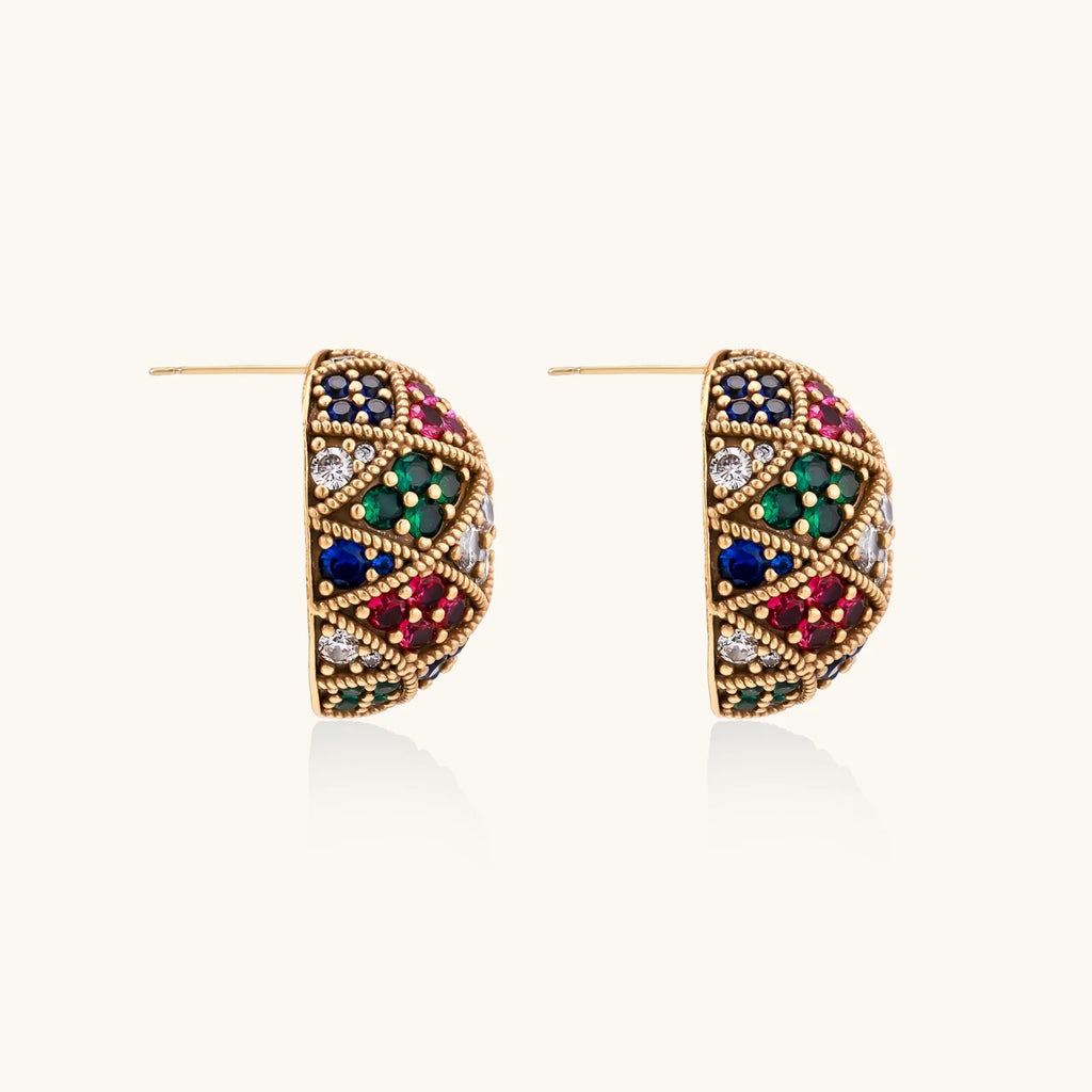 Oval gold-plated stud earrings with multicolor zirconia stones in geometric mosaic pattern