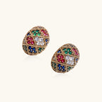 Oval gold-plated stud earrings with multicolor zirconia stones in geometric mosaic pattern