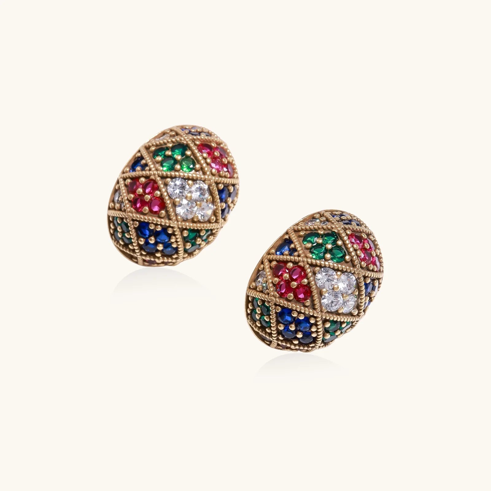Oval gold-plated stud earrings with multicolor zirconia stones in geometric mosaic pattern