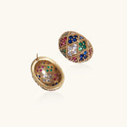 Oval gold-plated stud earrings with multicolor zirconia stones in geometric mosaic pattern