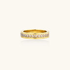 14K gold-plated band with channel-set zirconia and Greek key pattern engraving on polished finish