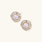 14K gold-plated stud earrings with freshwater pearl center surrounded by baguette-cut crystal halo in sunburst design
