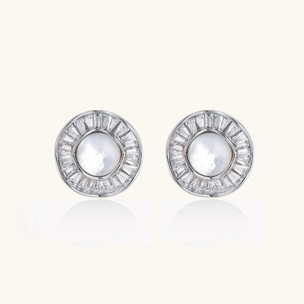 14K gold-plated stud earrings with freshwater pearl center surrounded by baguette-cut crystal halo in sunburst design