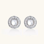 14K gold-plated stud earrings with freshwater pearl center surrounded by baguette-cut crystal halo in sunburst design