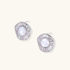 14K gold-plated stud earrings with freshwater pearl center surrounded by baguette-cut crystal halo in sunburst design