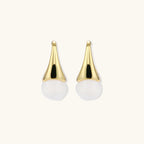 Pair of small gold-plated hoop earrings with triangular cone fronts and curved backs on white background.