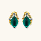 Gold-plated stud earrings featuring teardrop emerald green liuli stones with cubic zirconia crystal accents on white background.