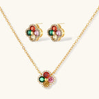 Gold-plated clover jewelry set with red, pink, green and champagne CZ stones surrounded by crystal borders