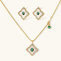 Gold-plated jewelry set with diamond-shaped pendants featuring white centers, green stones, and sparkling zirconia borders